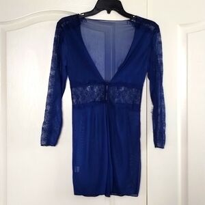 Nighty Bright blue sheer layering nighty cover size small lace and light fringe